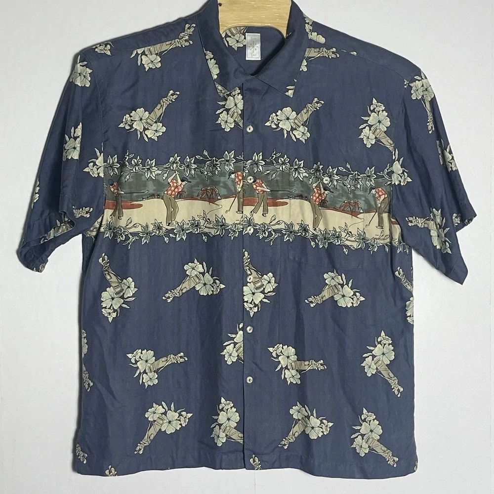 Burma Bibas Korea Men's XL Silk Short Sleeve Shirt Tropical Hawaiian Blue Golf